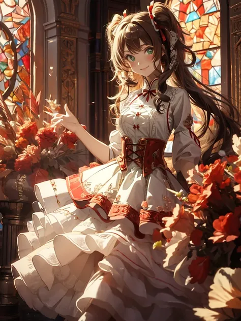 {{{女の子1 personのイラスト}}}, , 1 person, green eyes, brown hair,long hair,red ribbon twintails, small breasts,red and white gothic, v...