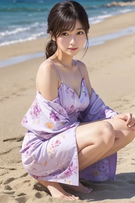 Japanese woman in her 20s。What to wear、In a light purple dress、The pattern is small floral、Keep the chest area a little loose。Location、Seaside sand beach。The time zone is、evening。The angle of the face is oblique。The figure is squatting.。