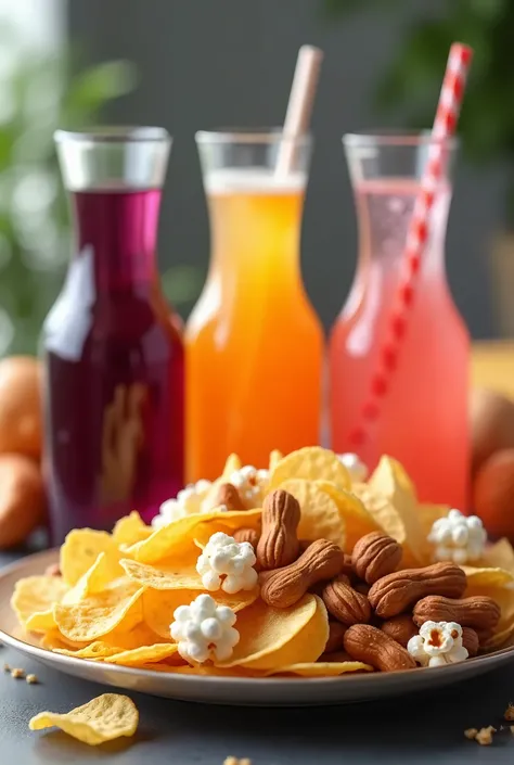 MAKE A PICTURE OF A PLATE OF SNACKS THAT HAS CHIPS ,PEANUTS AND POPCORN ALONG WITH 3 JUGS OF DEEP PURPLE, LIGHT ORANGE AND LIGHT PINK SOFT DRINKS AND THAT THE 3 JARS ARE BEHIND THE SNACK BOWL