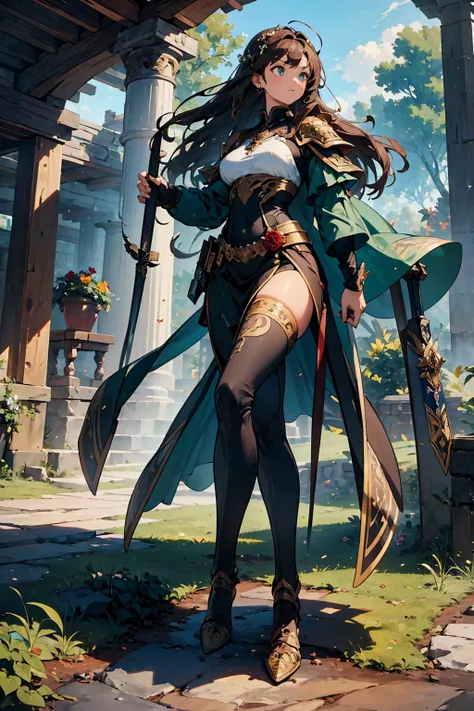 (((masterpiece, best quality, high detailed, 16k))) (1girl) A powerfully grounded goddess with long, earthy brown hair and deep green eyes. She wears an armor made of living wood, vines, and stone, with flowers blooming across her form. Her presence is as ...