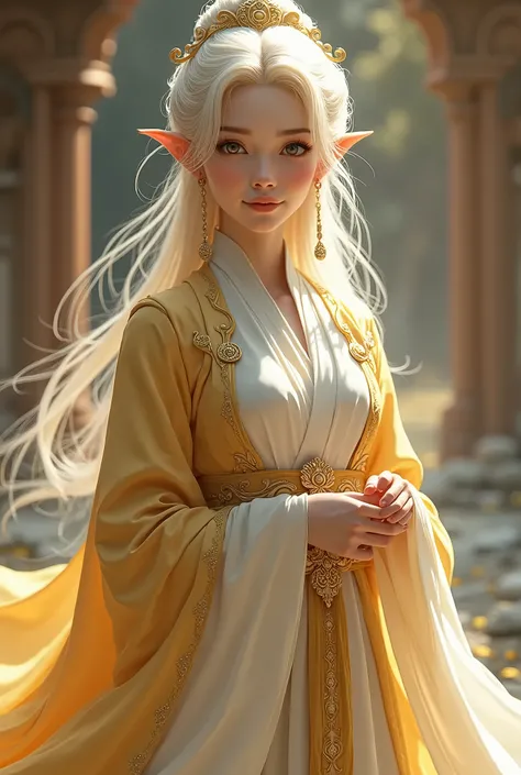 A beautiful girl, detailed face, girlfriend, standing in a dynamic cute pose, detailed background, an art print with a beautiful woman in golden and white robes, fantasy art, blonde elvish empress, high quality fantasy stock photo, u trending on art statio...