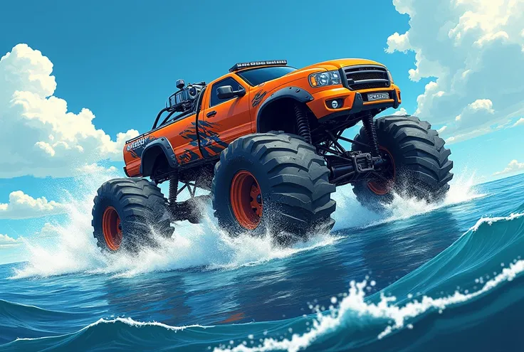 The open sea, Truck running on the sea, Rally, Flying the waves, from above, anime style, accurate, super detail, high quality, highres, 4K