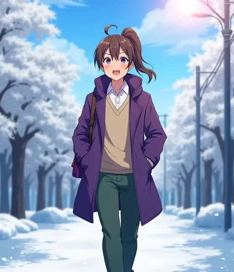 An anime style boy, 1, anime style To Love Ru, soft lighting, PLANO AMERICANO, Walking through snow-covered Tokyo in the afternoon with few clouds and a bright sun, mide 170 cm, She has brown diamond colored hair tied in a high ponytail, Her eyes are brigh...