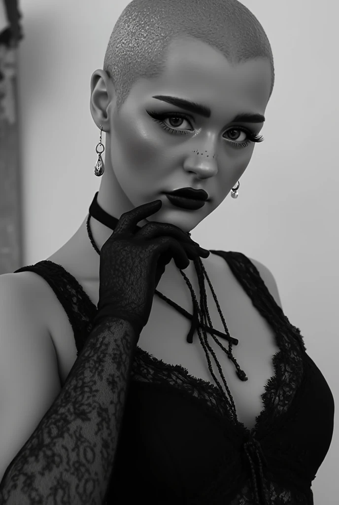 under pale moonlight insane detail, insane cinematic morbid of a goth , her lace gloves black with patterns, caressing her lips tracing along her face, beckoning to flow cascading her touch is soft delicate and elegantly sensual, (her bald head glistening)...