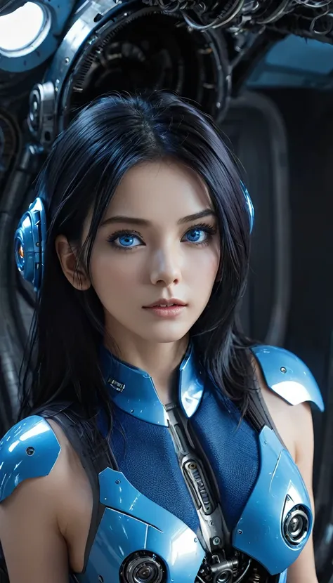 woman, Mechanical Blue Body ，Best Quality, masterpieceUltra HD, 8k,Futuristic spaceship interior，サイバーブルースーツを着たwoman，Black Hair，青 eyes，Shortcuts, Best Quality, High resolution, Ultra HD, blue eyes, 