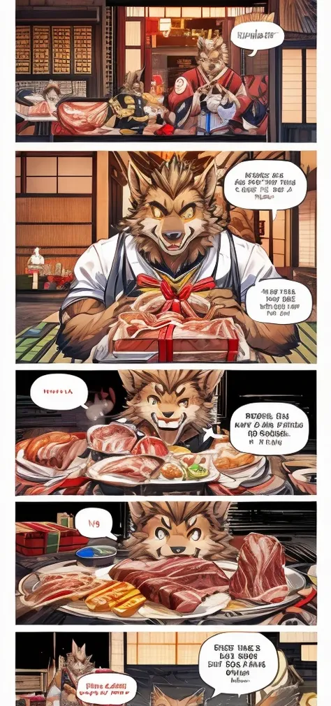 Color Comics、Japanese Manga、Cute werewolf talking about gifts、Birthday werewolf story、A four-panel comic about giving delicious meat as a gift、Delicious meat dishes as gifts、Happy Face、Your smile is cute、Cartoon werewolf talking about meat、