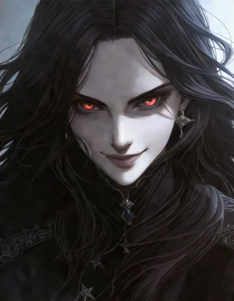 heroic fantasy medieval,1 Beautiful woman, Hair: long, wavy, black
Eyes: intense red
Nose: hooked
Skin: very fair
Accessories: silver earrings
Clothing: dark witch dress and casual style, 
Other features: dimples, mysterious smile, witch, intense red eyes ...