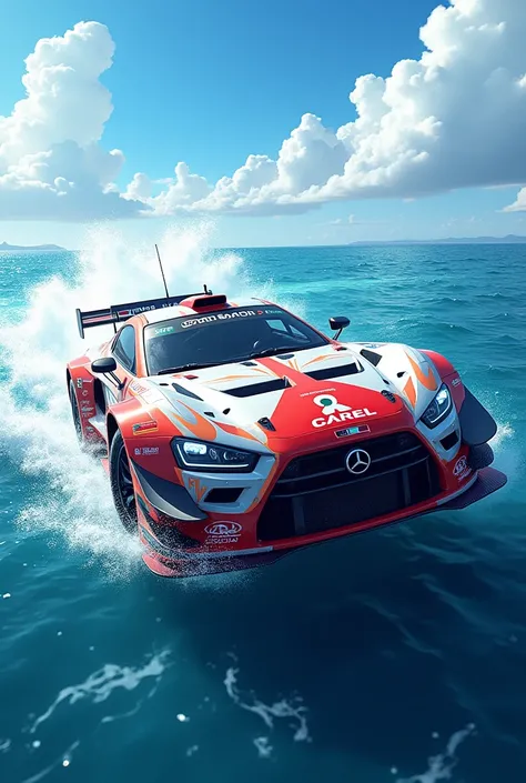 The open sea, Rally vehicle running on the sea, Rally, Flying the waves, from above, anime style, accurate, super detail, high quality, highres, 4K