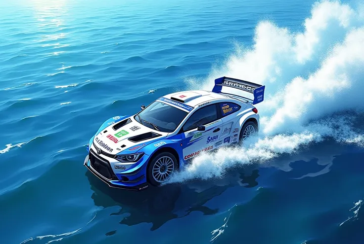 The open sea, A blue and white rally car on the water, Rally, Flying the waves, from above, anime style, accurate, super detail, high quality, highres, 4K