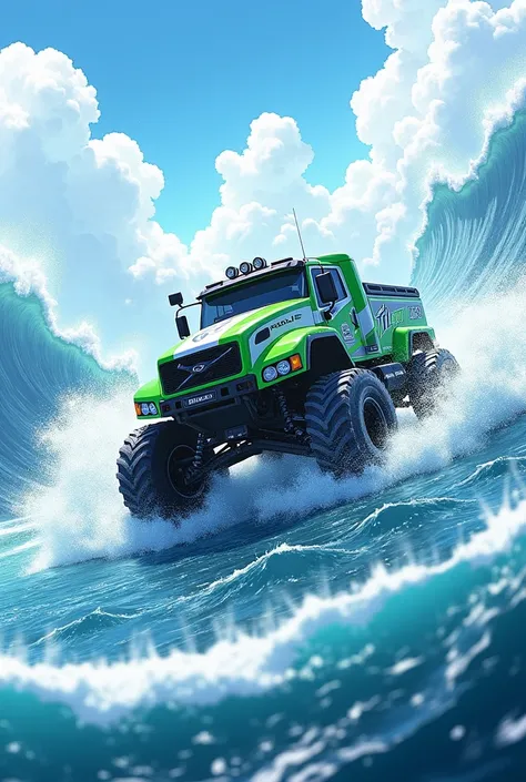 The open sea, A green and white rally truck driving on the sea, Rally, Flying through big waves, from above, anime style, accurate, super detail, high quality, highres, 4K