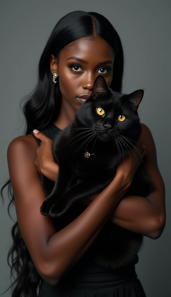 Beautiful black cat, Being held by a beautiful woman with jet black skin, Looking at the camera, Photo Studio