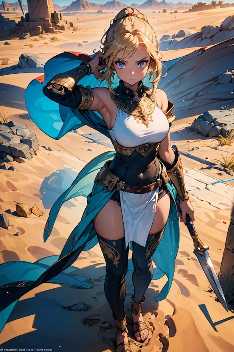 (((masterpiece, best quality, high detailed, 16k))) (1girl) A tall, sun-kissed female warrior with short, sandy blonde hair, tied back in a tight braid. Her amber eyes gleam with fierce determination, and her skin is tanned from countless battles under the...