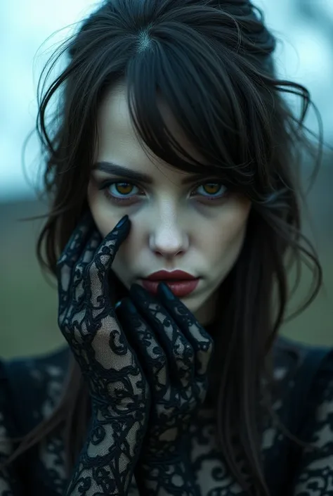 under pale moonlight insane detail, insane cinematic morbid of a goth , her lace gloves black with patterns, caressing her lips ...