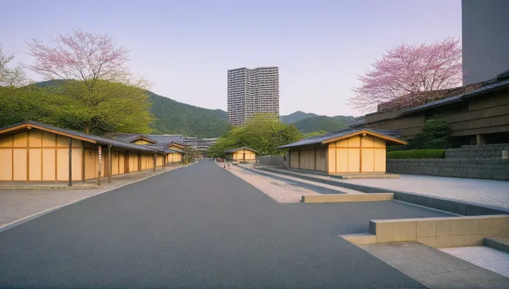 modern craft resort, sakura trees, greenery landscape, in the village  of surburban from distance with green moutain , ((( crowded people : 3 ))),clear sky, day light time, warm lighting RAW Photo, RAW texture, Super Realistic, 32K UHD, DSLR, soft lighting...