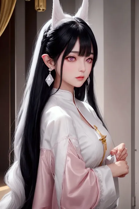 long hair, Black hair, hair, white hair, Hair in front of the ears, Neat bangs, earrings, Pointed ears, Blushing, language, Parted lips, pink eyes, disturbance, Shine, Lens glare, 