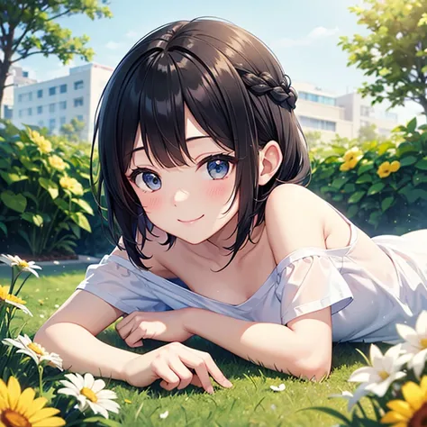 (Best Quality)、(One high school girl)、Short black hair、Braiding、smile、blush、(Small breasts)、White ribbon、Off the shoulder、Light Blue T-Shirt、Lying face down、Blooming garden background