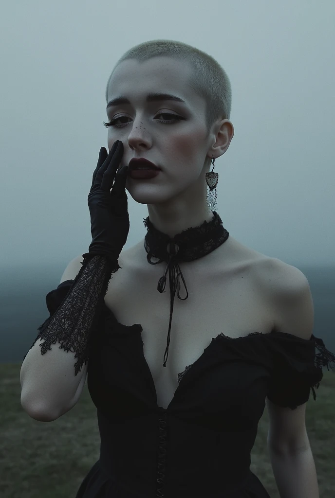 under pale moonlight insane detail, insane cinematic morbid of a goth , her lace gloves black with patterns, caressing her lips tracing along her face, beckoning to flow cascading her touch is soft delicate and elegantly sensual, (her head is shaved bald) ...