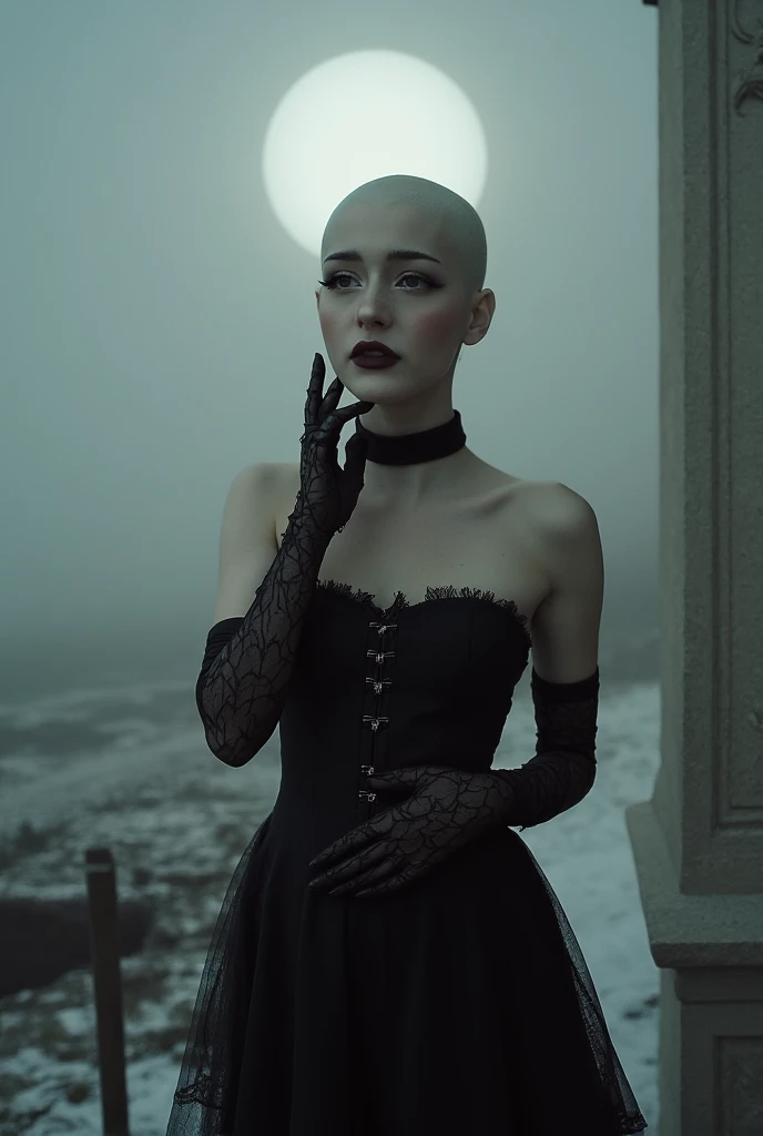 under pale moonlight insane detail, insane cinematic morbid of a goth , her lace gloves black with patterns, caressing her lips tracing along her face, beckoning to flow cascading her touch is soft delicate and elegantly sensual, (her head is shaved bald) ...