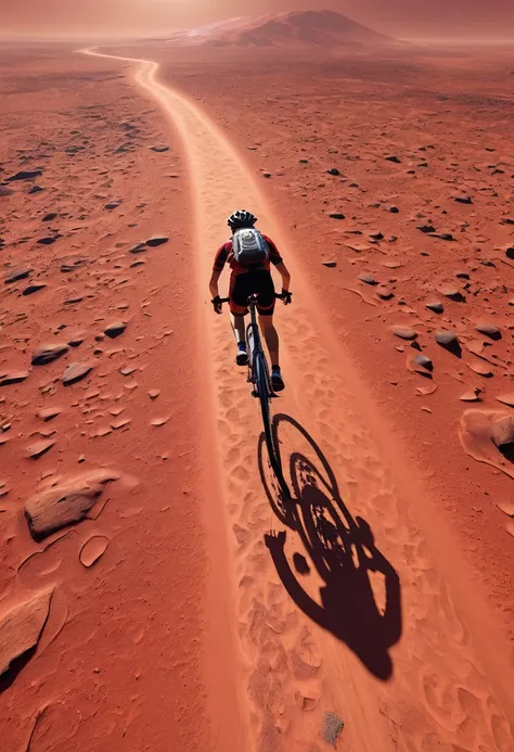 Running through the red desert of Mars, Bicycle Road Bike, from above, anime style, accurate, super detail, high quality, highres, 4K