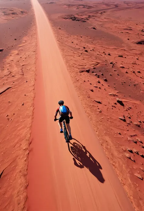 Running through the red desert of Mars, Bicycle Road Bike, from above, anime style, accurate, super detail, high quality, highres, 4K