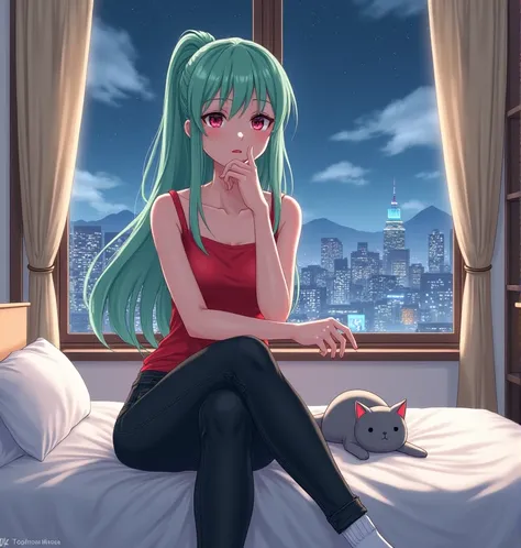 an 1 anime style woman, anime To love ru, sitting on her bed in her room, Next to him is a gray stuffed cat, on the fifth floor of a white building with wooden floors, Tokyo City, beige curtains, tidy bed, Manto Celestial, bookshelf, Through the window you...