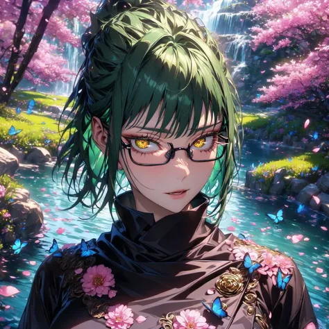 absurdres, highres, ultra detailed, hdr, master piece, zenin maki, green hair, expressive yellow eyes, rectangular glasses, woma...