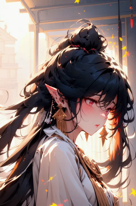 long hair, Black hair, hair, white hair, Hair in front of the ears, Neat bangs, earrings, Pointed ears, Blushing, language, Parted lips, pink eyes, disturbance, Shine, Lens glare, 