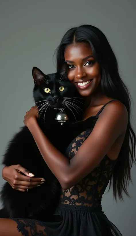 Beautiful black cat with a silver bell, Wearing a lace dress((A beautiful woman with jet black skin and straight hair:1.4))Being embraced by, Looking at the camera, Smile, Photo Studio