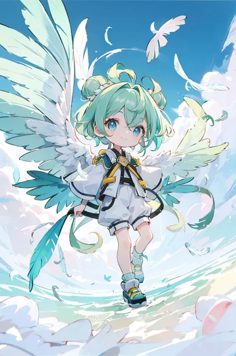 ((Best Quality)), ((masterpiece)), (detailed),Full body shot of a girl with bird of prey wings, (Chibi：1.9), (Green and yellow multicolor,Sky blue inner hair),Short hair with buns on both sides,Narrow, deep blue eyes,Slim and toned body.,boyish,Removable f...