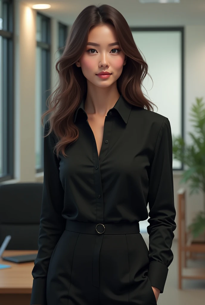 An employee with a black formal shirt, tight shirt,  half body, woman with loose hair, more real but standing