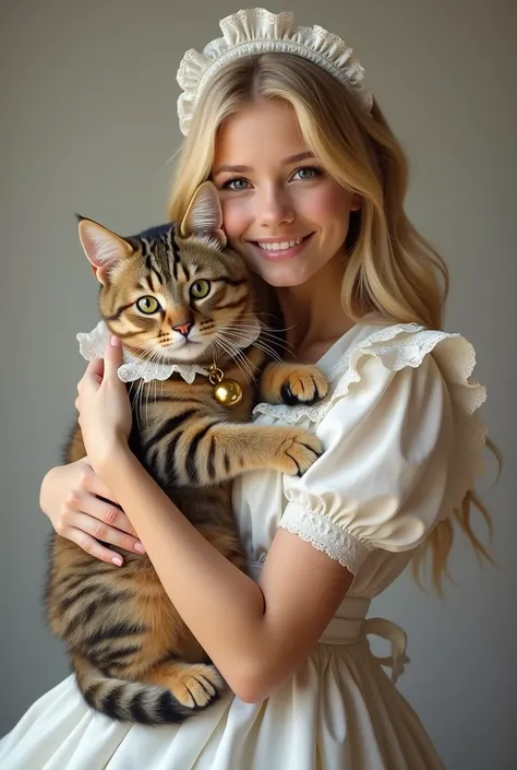 Beautiful tabby cat with golden bell, Dressed in maid costume((Blonde beautiful girl:1.4))Being embraced by, Looking at the camera, Smile, Photo Studio