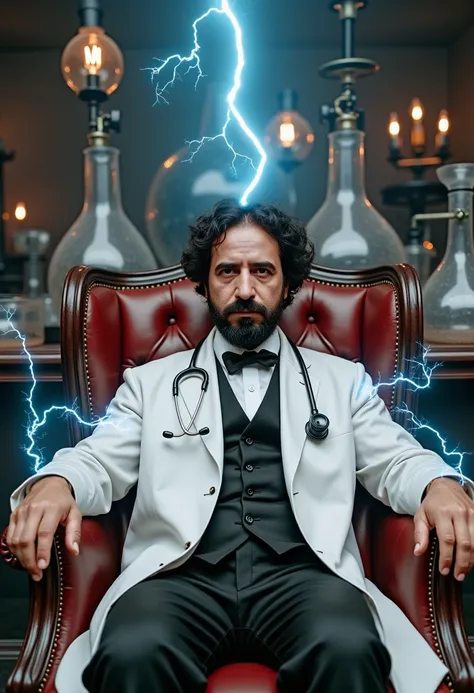  Scientist Tesla is sitting in a luxurious chair, He was wearing a white coat and a stethoscope... more luxurious The doctor has electricity in his hands, and behind him are physics experiments suitable for the cover of a book or magazine, In addition to a...