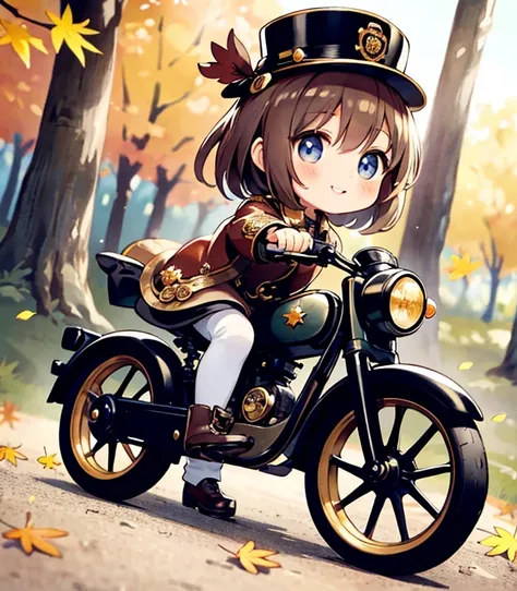 steampunk，a young girl playing with a toy police bike in a パーク，very short stature，chibi，very detailed，high image quality，realist...