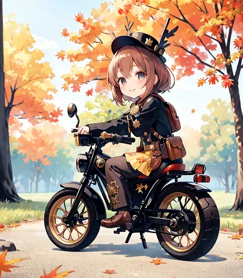 steampunk，a young girl playing with a toy police bike in a パーク，very short stature，chibi，very detailed，high image quality，realist...