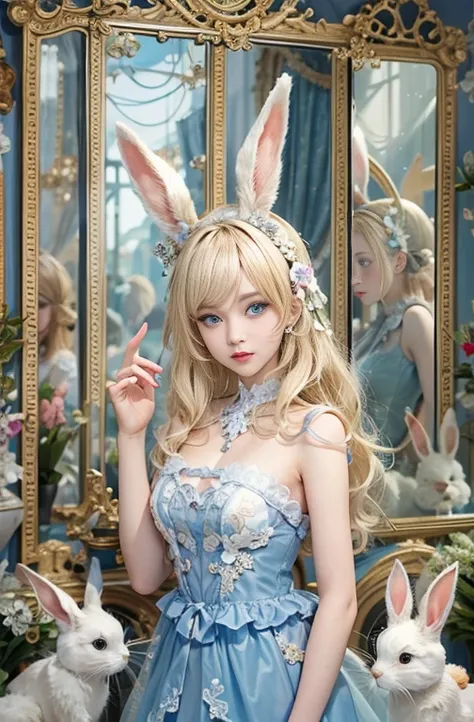 masterpiece: 1.2, Portraiture, Best Quality), Realistic, (live-action, Intricate details, Written boundary depth), Best Quality, masterpieceAttention to detail, semi-Realistic, In the city , blue eyes, blonde、 Slim figure、bare shoulders、Antique Bunny Girl、...