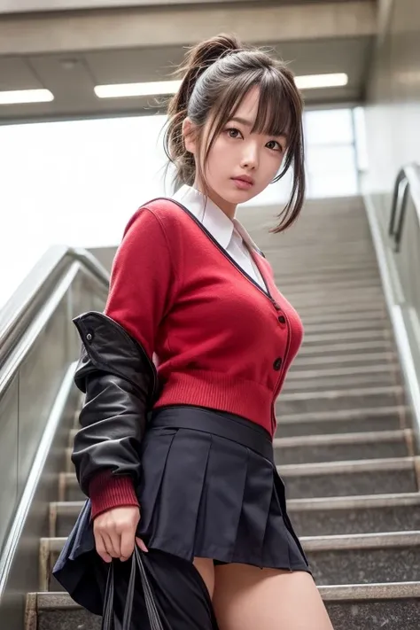 Escalator Skirt、Short coat、(Lower body close-up))、Rear View、((Panty shot))、((Detailed face))、((Symmetrical eyes))、((Detailed eyes))、Very low camera angle、Leaning forward.Panties under skirt.She turned to the cameraman..The pants are tucked into the skirt.D...