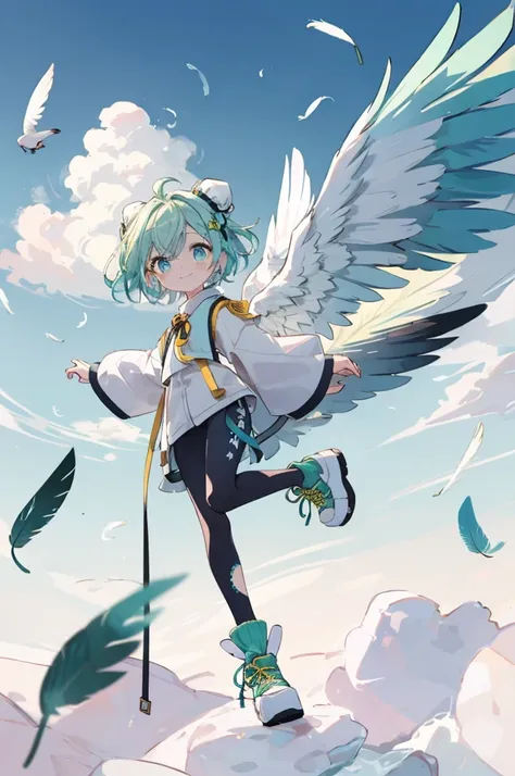 ((best quality)), ((masterpiece)), (detailed),full body shot of a girl with bird of prey wings, (chibi：1.9), (green and yellow m...