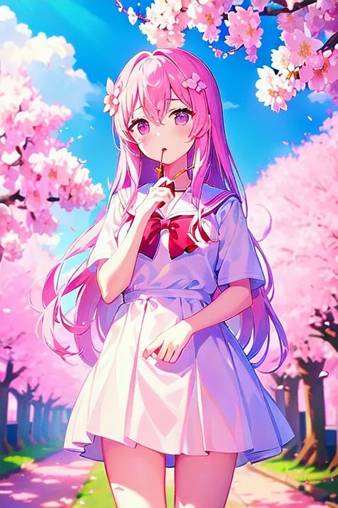 Masterpiece, One girl, Alone, Hair between the eyes, Mouth closed, standing, flower, Outdoor, null, cloud, tree, flowerびら, Floating Hair, cherry blossoms, pink flower, (Sailor suit), (((Face Focus))), (((Another))), (cherry blossoms効果:1.4),Long Hair