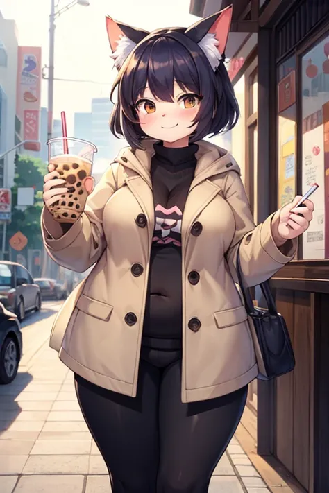 Female cat, chubby, cute, sly face, holding bubble tea, coat, anime