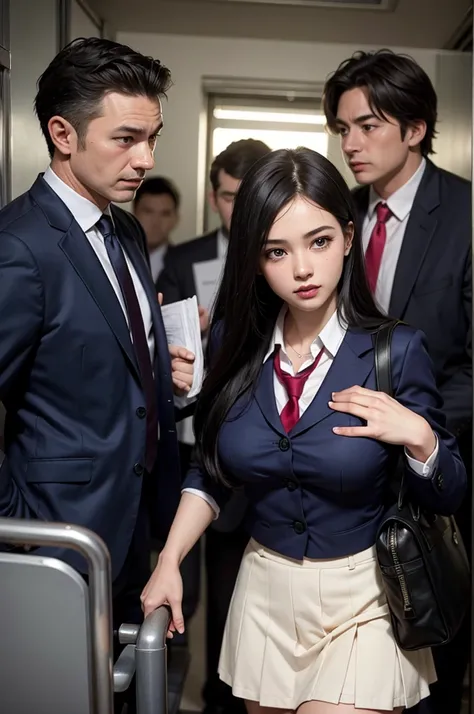 A very beautiful, young-faced female student in school uniform trying to escape from middle-aged men, A beautiful woman, She is captured by horny middle-aged men and gang-molested., The molester&#39;s fingers feel so good that she is forced into a shameful...