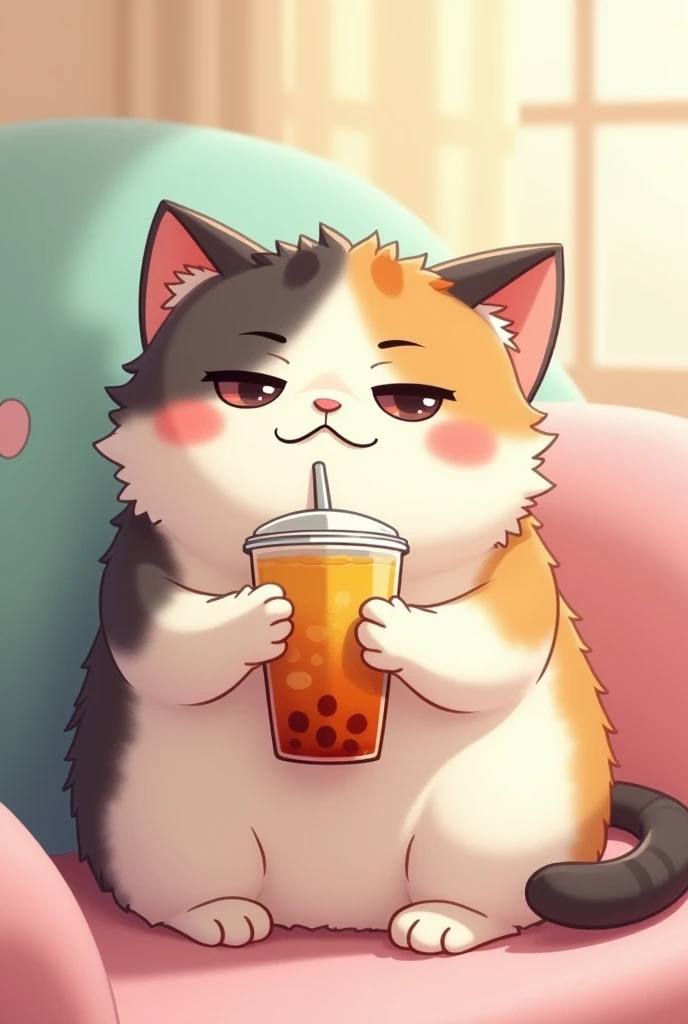 Female cat, chubby, cute, sly face, holding bubble tea, coat, anime