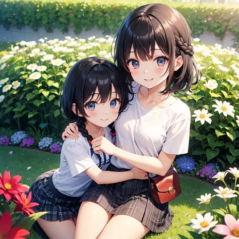 (Best Quality)、(One high school girl)、Short black hair、Braiding、smile、blush、(Small breasts)、White ribbon、Light Blue T-Shirt、Checkered mini skirt、Put the pouch on your shoulder、Blooming garden background