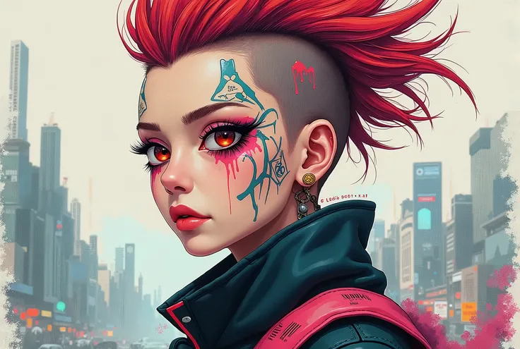 A striking and innovative conceptual art piece that captures the essence of a futuristic character. The subject sports a vibrant aquarelle-inspired mohawk, with their eyes adorned with graffiti-like designs, adding a street art element to their appearance....