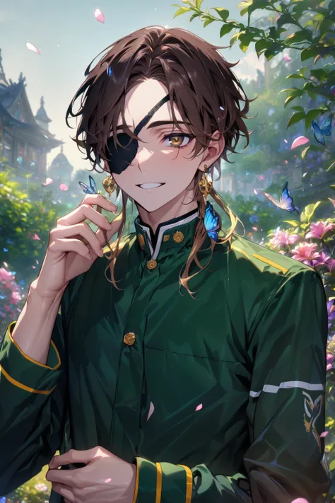 absurdres, highres, ultra detailed, HDR, master piece, Suo Hayato, brown hair, black eye patch, expressive brown eyes, sexy man, best quality, Wind Breaker, solo, sensual, handsome, petals, black uniform, detailed face, glittering eyes, detailed eyes, gard...