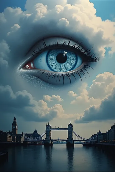 Create an exquisite oil painting on a huge canvas that forms a finished work of art with a double exposure. In this work, the three-dimensional silhouette of the eye should be combined with the clock, against the background of the Tower of London, cumulus,...