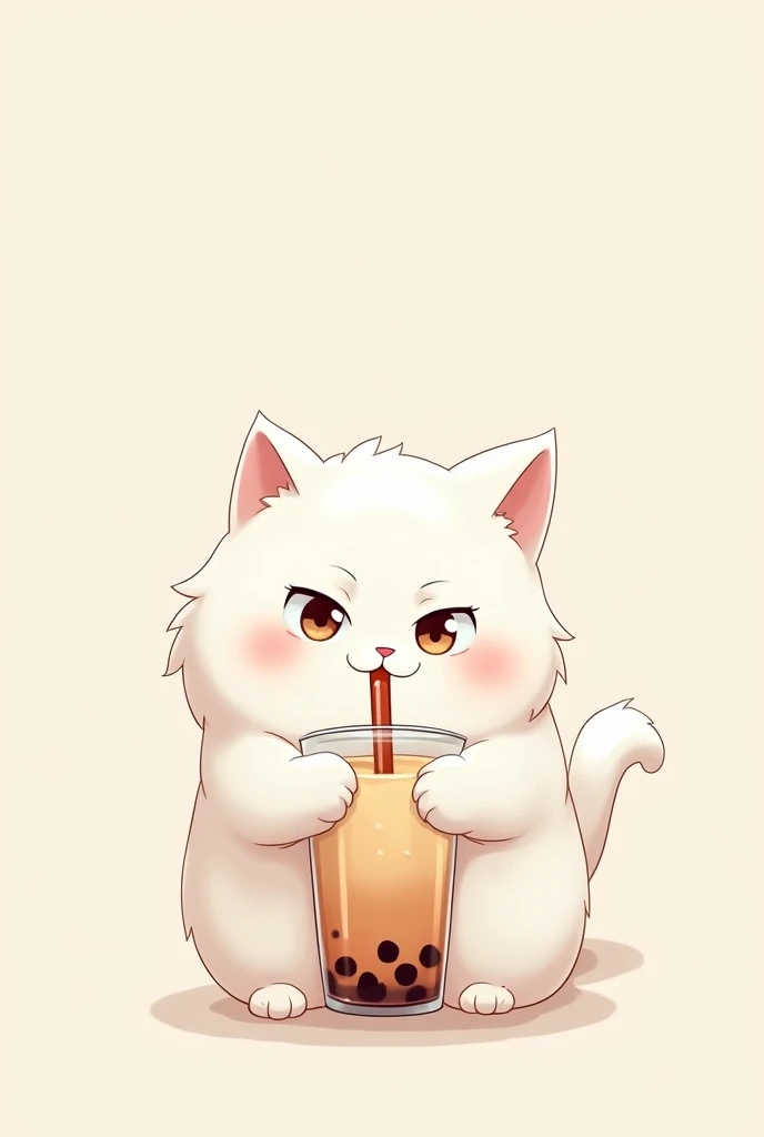 A cute, chubby, white female cat with a sly face, looking sideways, holding a cup of bubble tea, wearing a coat, anime.