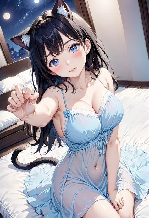 Hotel Suite、night、moonlight,(((Lie on your back on the bed)))、thin、cute、One Woman、Seduce、(((light blue thin nightgown)))、Black Hair, Big Breasts、(((Enthusiastic look)))、First Person View、Anatomically correct、、The complexion looks good、Look at my face、Cat e...