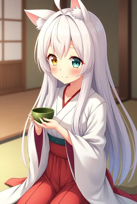 anime style ,One woman,long whitehair, heterochromia,yellow right eye,blue left eye, cat ears,  smile, seiza,drinking green tea,Heartwarming Scene,(japanese clothes),from side,japanese,tatami,japanese teacup green tea