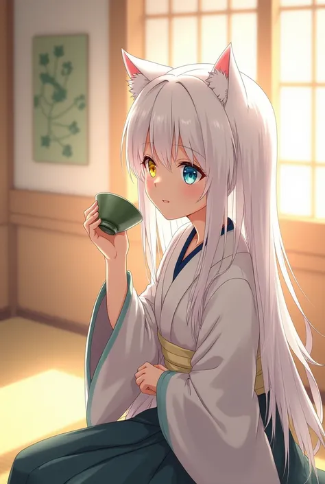 anime style ,One woman,long whitehair, heterochromia,yellow right eye,blue left eye, cat ears,  smile, seiza,drinking green tea,Heartwarming Scene,(japanese clothes),from side,japanese,tatami,japanese teacup green tea