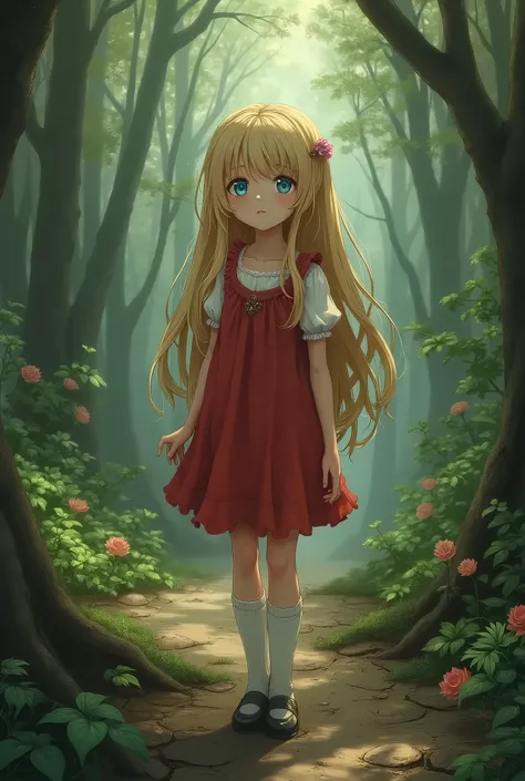 princess　Blonde　Blue Eyes　10th Generation　Thin chest　Red dress　White knee socks　Slender　In the forest　泥だらけLook at, Long Hair, I want to cry, look up, Going off the screen, accessories, Anime Style, Moe art　masterpiece, Look at, Textured skin, 